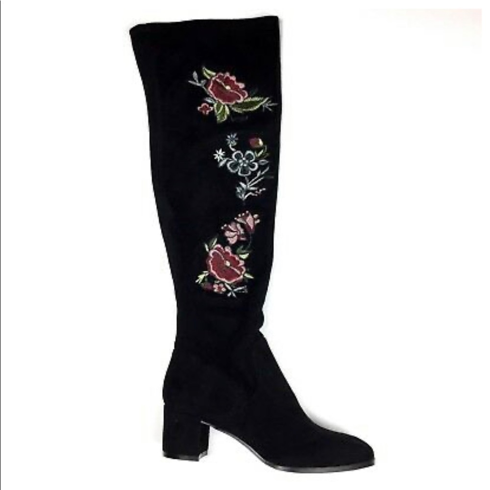 Elaine Embroidered  Black Floral Heeled Boots - Picture 2 of 6
